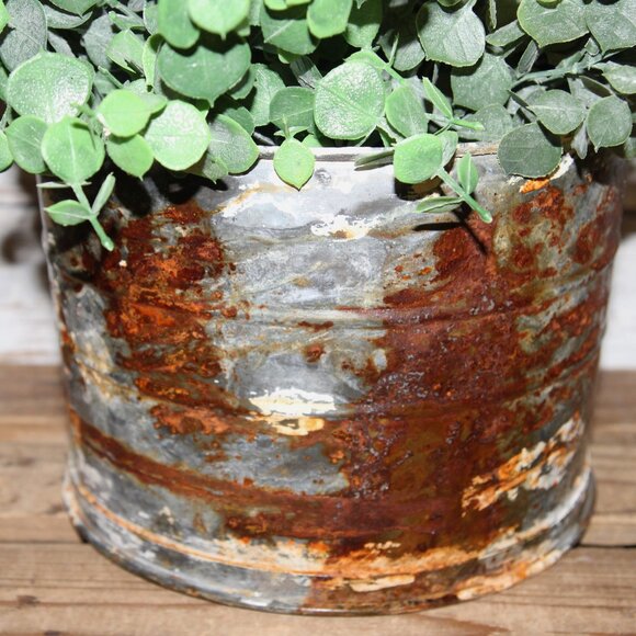 Large Chippy Rusty Aged & Weathered Farmhouse Metal Bucket Pot with Eucalyptus - Picture 2 of 5